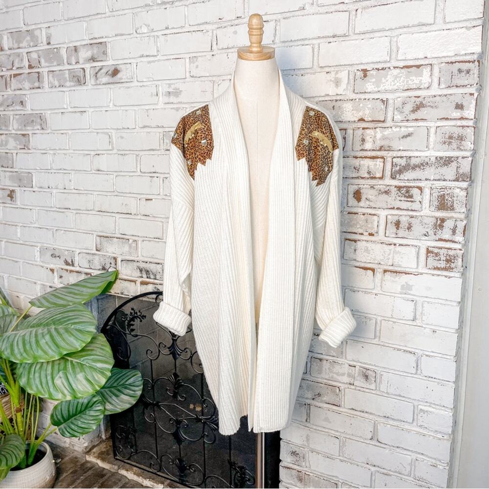 Vintage 80s Winter White Ribbed Cheetah Gold Embroidered Long Cardigan Sweater